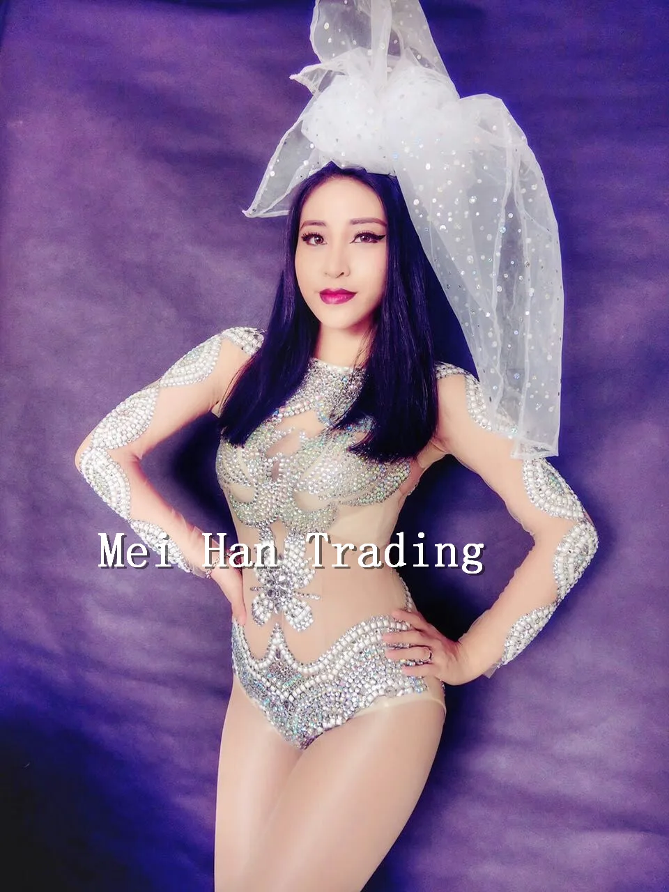 2017 Модный женский наряд со стразами трико костюм с длинными рукавами для