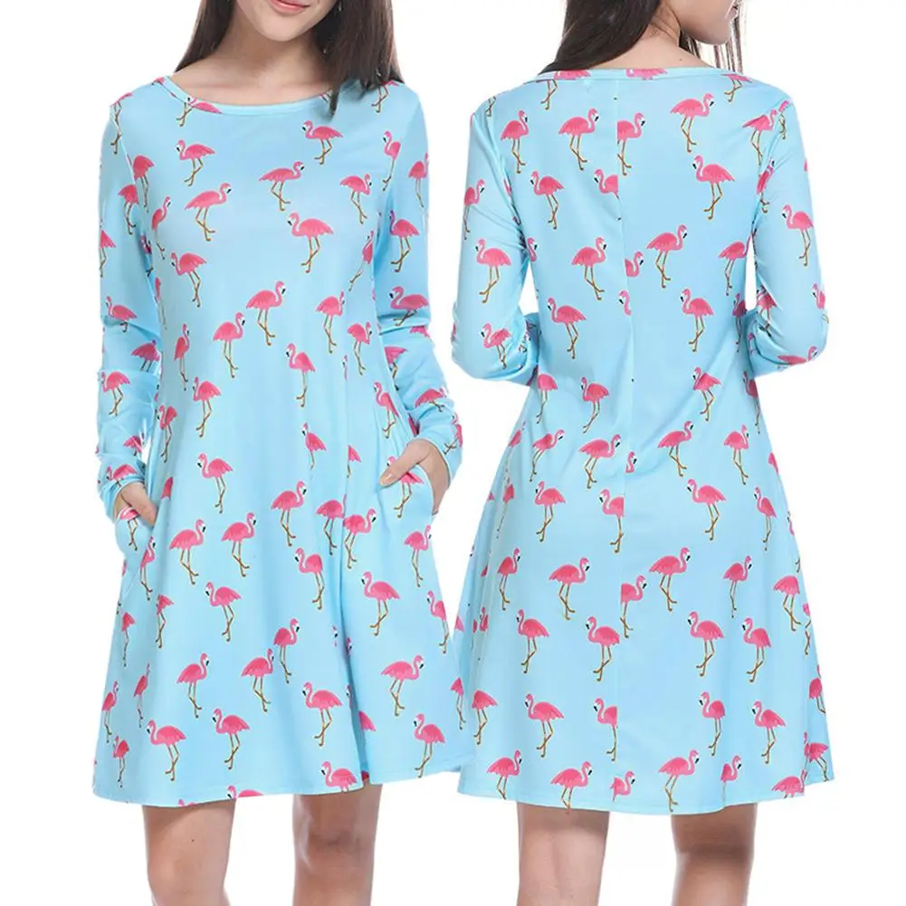 Осеннее платье женское Простое Повседневное с принтом Фламинго длинным рукавом