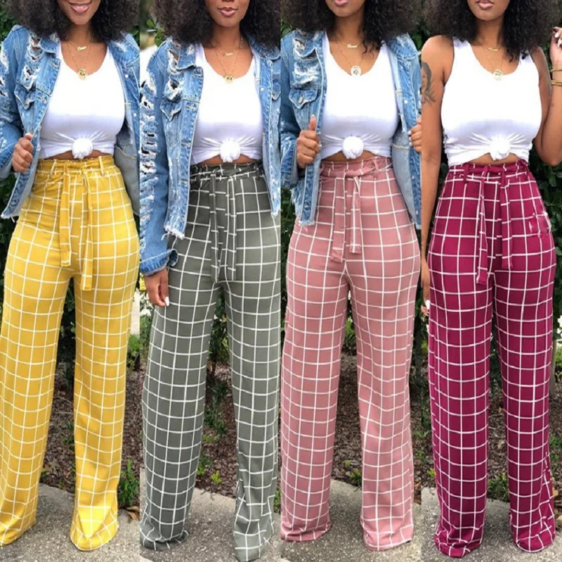 Женские брюки в клетку с широкими штанинами и высокой талией | Женская одежда