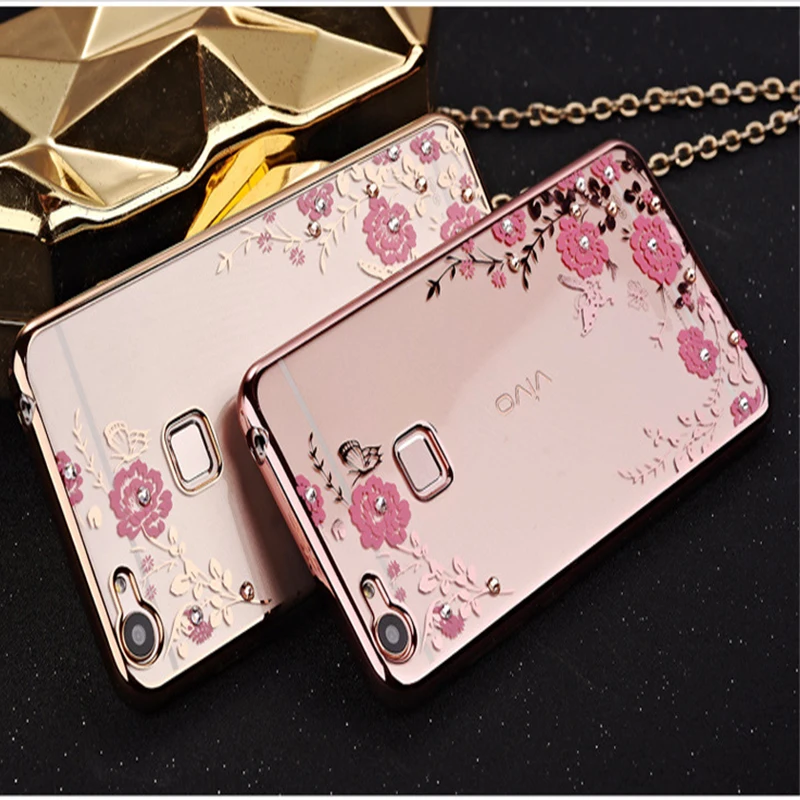 Elivebuy Secret Garden Flowers Plating Diamond Electroplating Cover Phone TPU Case Soft Silicon Transparnt Cell Cases For Vivo x |