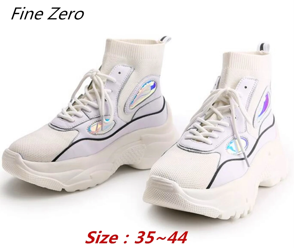 Кроссовки носки женские на высокой платформе теплые блестящие полусапожки