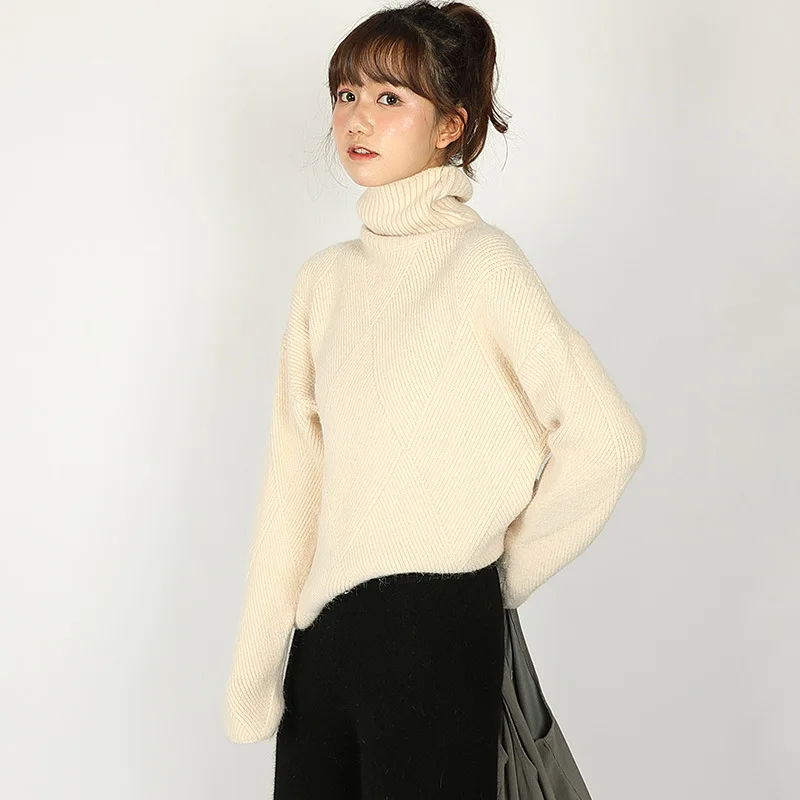 New Style Turtleneck Pullover Sweater Women 2019 Winter Loose Solid Color Long Sleeve Striped Diamond pattern sweater | Женская одежда