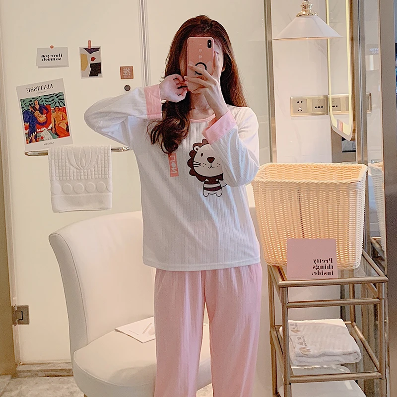 Женский пижамный комплект из хлопка с длинными рукавами свободные длинные штаны