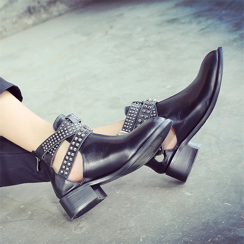 

Meotina Women Ankle Boots Autumn Natural Genuine Leather Buckle Square Heels Short Boots Punk Rivets Zipper Shoes Female Size 39
