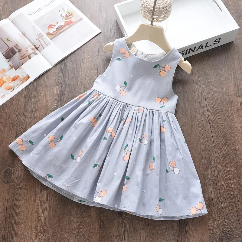 Girl Summer Cotton Dress Cherry Print Kids Wholesale Lots Bulk Clothes Toddler A-line Bow Party Frocks Dresses Sleeveless | Детская
