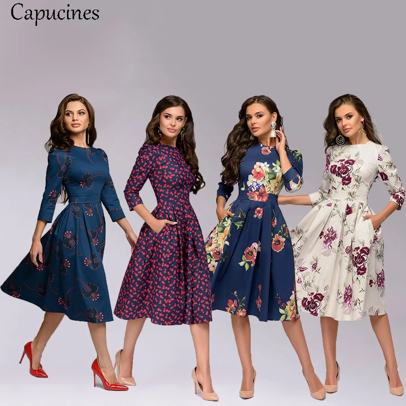 Женское винтажное платье caputines с цветочным принтом и рукавом 3/4 Повседневное