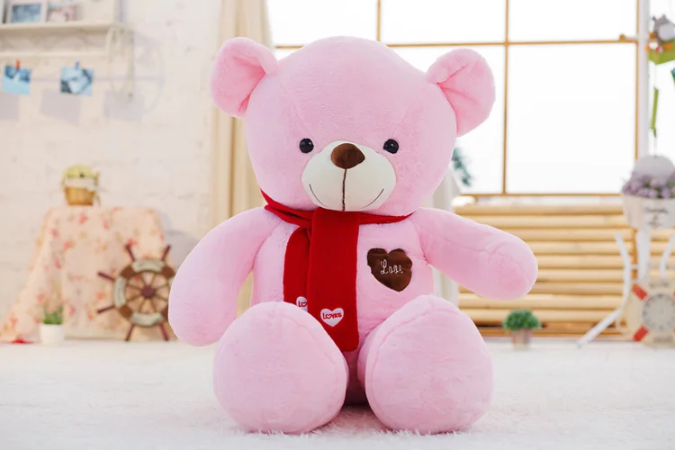 pink teddy bear A Мягкий большой плюшевый медведь, плюшевая игрушка с шарфом, 80 см, 100 см, Kawaii, большие медведи для детей, огромная Подушка, куклы, подарок для девушки - Цвет: pink teddy bear A