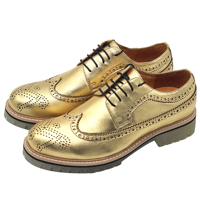 

2018 Gold Brogue Carved Leather Shoes Flat heel Lace up Genuine Leather Fashion Hot Mens Derby Shoes Oxfords