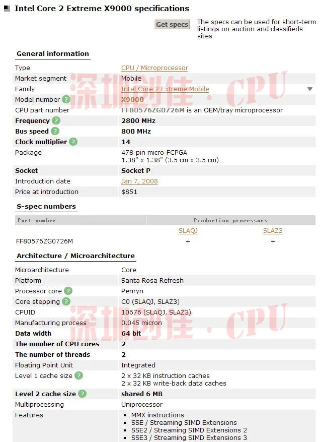 Процессор Intel Top Core 2 Extreme X9000, процессор 2,8 ГГц, 6 Мб, 800 МГц, разъем P, разбитые кусочки для GM965 PM965 T9300 t9500