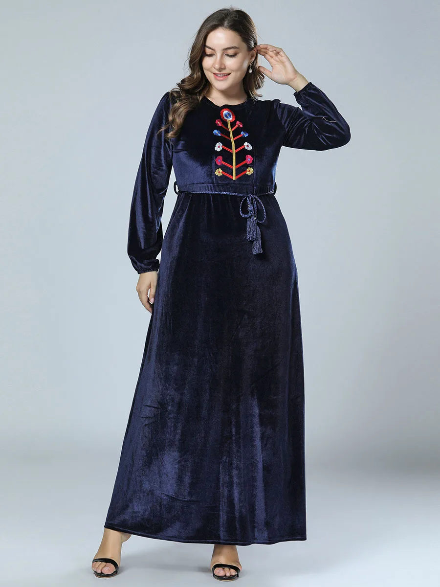 Бархатное мусульманское платье Дубай женские abaya вышивка макси платья с длинным