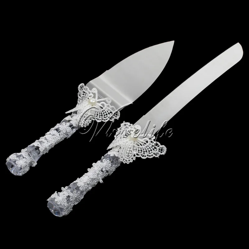 Набор ножей для свадебного торта с белыми бабочками нержавеющая сталь резак