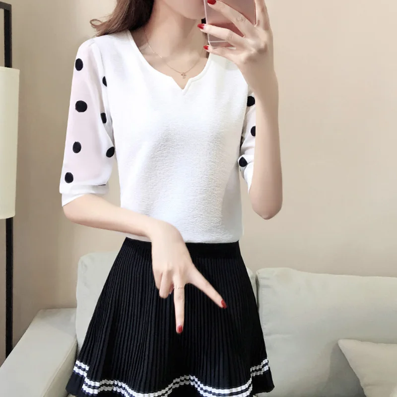 Женская шифоновая рубашка в горошек с V образным вырезом и полурукавом|Блузки| |