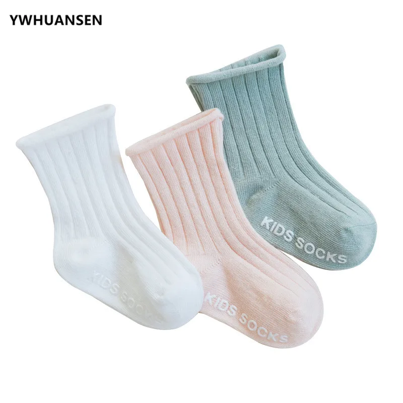 

YWHUANSEN 3 Pairs/lot 0 to 4T Spring Autumn Newborn Baby Anti-skid Socks With Grips Solid Color Cotton Socks For Infant Girl Boy