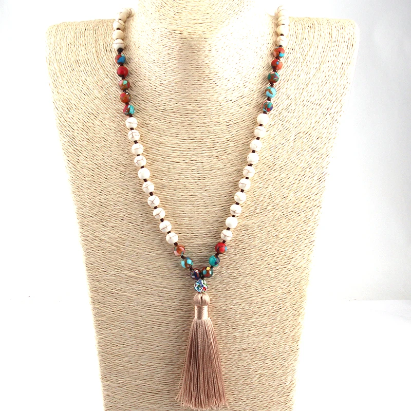 Free Shipping Fashion Long Knotted White Stones Bohemian Tribal Jewelry Green Natural Stone Pendant Necklace | Украшения и