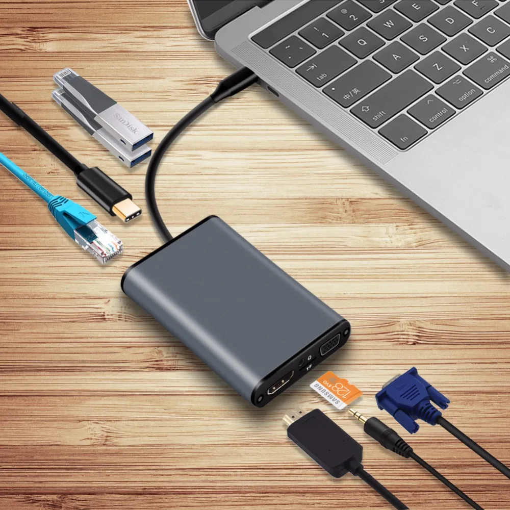 YOJOCK USB C Адаптер Hub с HDMI 4K 30 Гц VGA аудиоразъем Ethernet RJ45 3 0 слот для TF карты PD порт Type