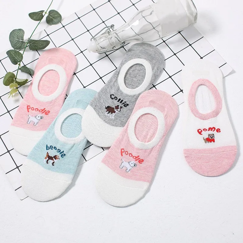 Jeseca 5 Pairs/Lot Women Cotton Sock Cartoon Animal Cute No Show Sock Japanese Kawaii School Student Invisible Non-slip Boat Sox