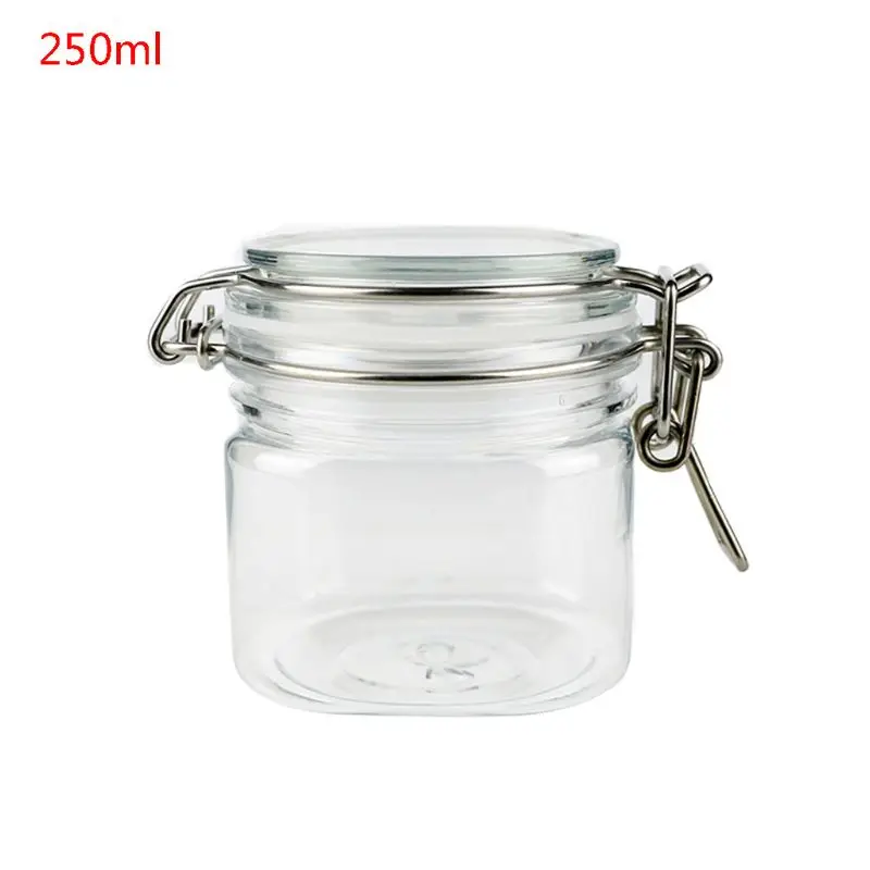 250ML Plastic Square Clip Top Storage Jar With Airtight Seal Lid Kitchen Food Container Tableware Preserving Cosmetic Cream