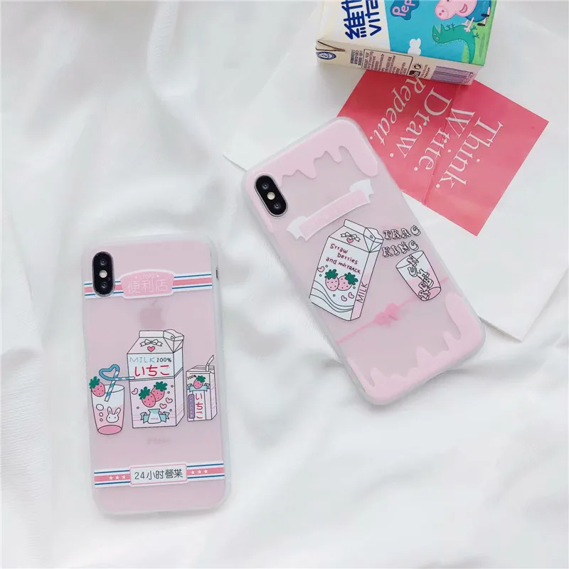 3D Cartoon Strawberry Milk Girl Silicon case for iPhone X 6 7 8 6s plus Kawaii Milky TPU Back Cover phone cases |