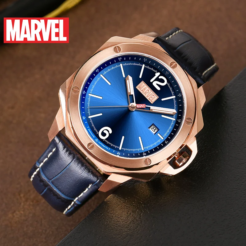 Мужские автоматические Водонепроницаемые кожаные часы Marvel светящиеся с