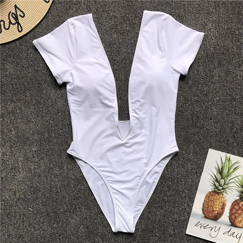 2019 Summer Beachwear One Piece Swimsuit Sexy Deep V-neck Swimwear Women Backless Short Sleeve Solid Color Monokini Swim Suit | Спорт и