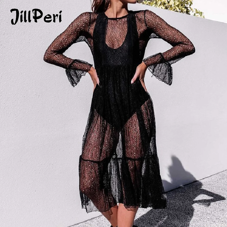 JillPeri Новое Осеннее женское кружевное платье с длинным рукавом сексуальное боди