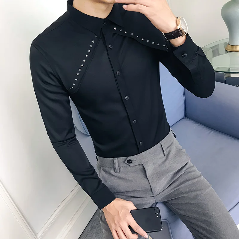 Модная дизайнерская мужская рубашка с заклепками осень новинка 2019 однотонная