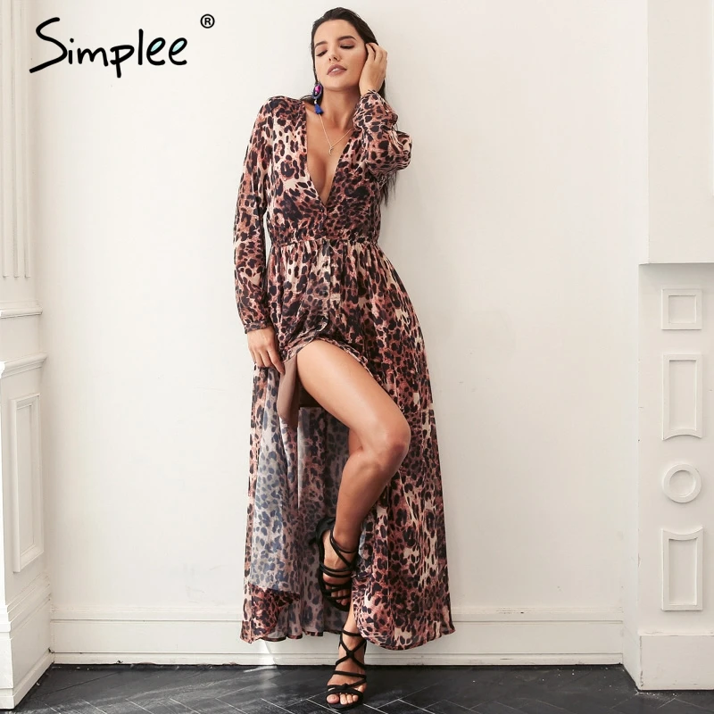 Женское осенне зимнее длинное платье Simplee леопардовое с глубоким V образным