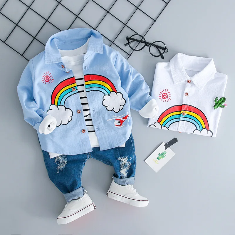 Autumn Kids Boys 2PCS Clothing Set Baby Suits Turn Down Collar Rainbow Shirt Holes Jeans Infant' Wear Casual Clothes Outfits | Детская