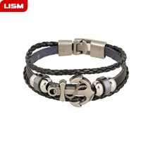 multilayer anchor bracelet men casual fashion braided leather bracelets for women wood bead bracelet punk rock men jewelry