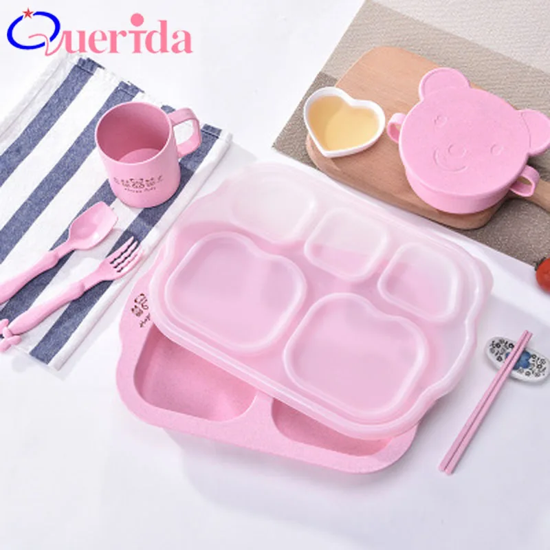 

1Set Wheat Straw Children's Cutlery Set Student Breakfast Dish Kindergarten Split Dinner Healthy Plate Bowl lunch Tray DishesPcs