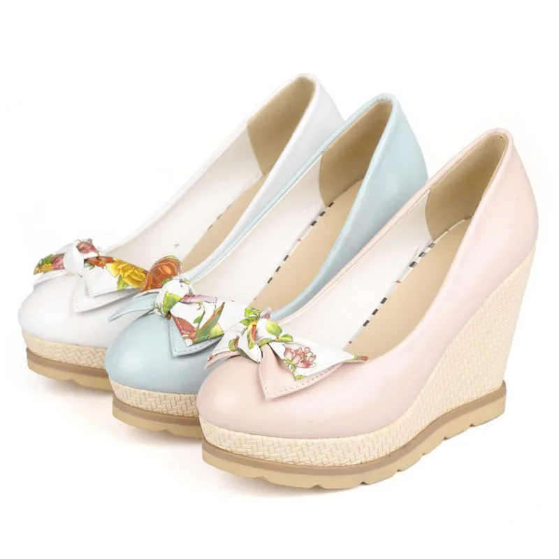 Женские туфли на танкетке TAOFFEN офисные с бантом и принтом размер 33 41|wedge pumps|pumps