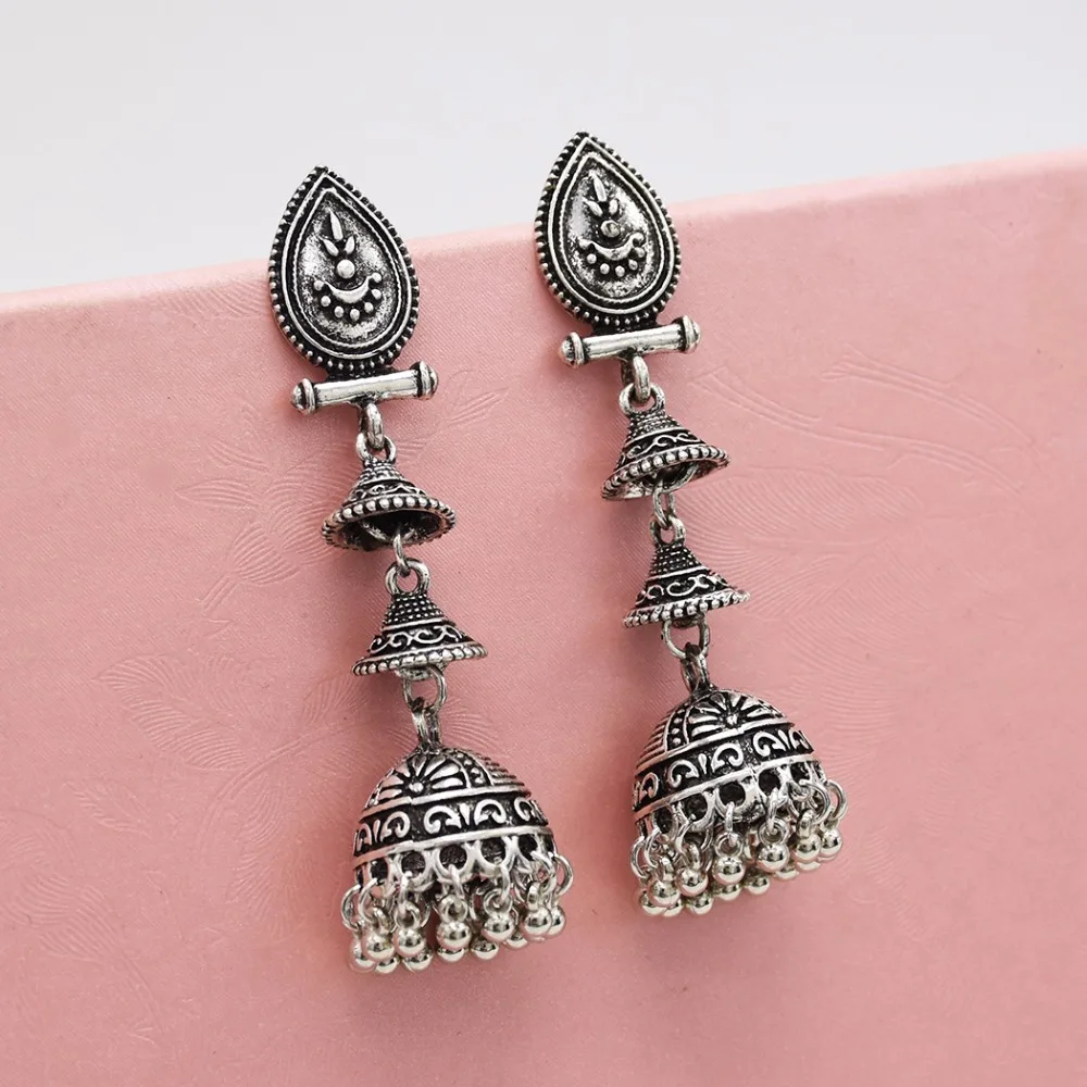 Индийские серьги для женщин, окисленная Jhumka, золото, серебро, большая Длинная кисточка, колокольчики, висячие серьги, цыганская турка, Этнические украшения