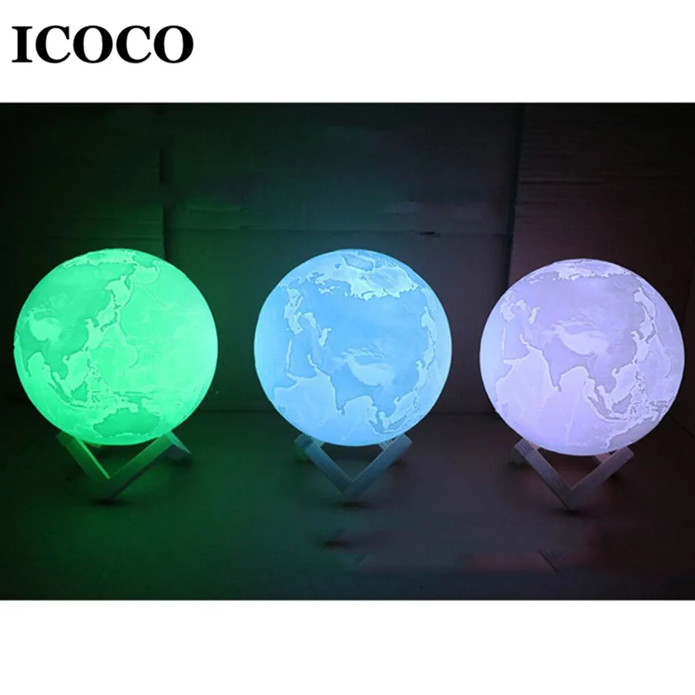 ICOCO 7 цветов Изменение 3D печать земная лампа USB Перезаряжаемый сенсорный контроль