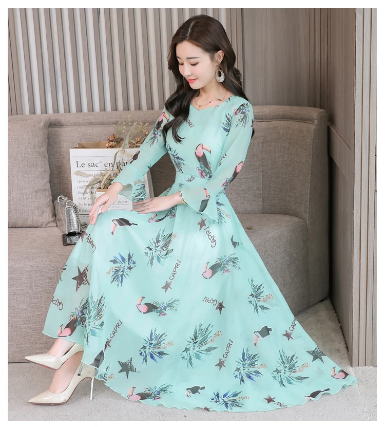 Turquoise High quality Autumn New Arrival Plus Size S-XXXL Fashion V Collar Flare Sleeve Flower Printed Woman Long Chiffon Dress - Color: Turquoise