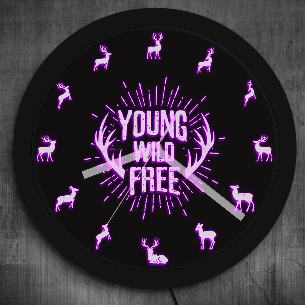 Young Wild Free вдохновляющие цитаты оленьи рога настенные часы со светодиодной