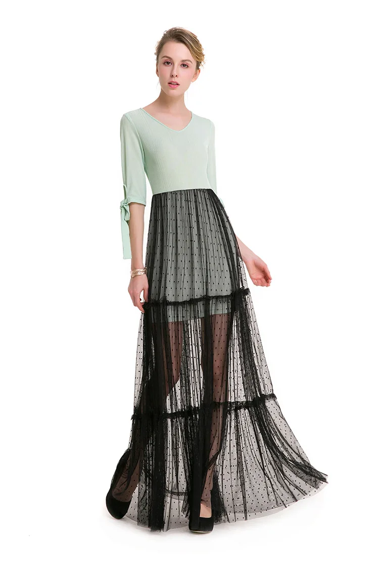 Новинка 2018 г. длинные кружевные платья из гренадина с коротким рукавом и V