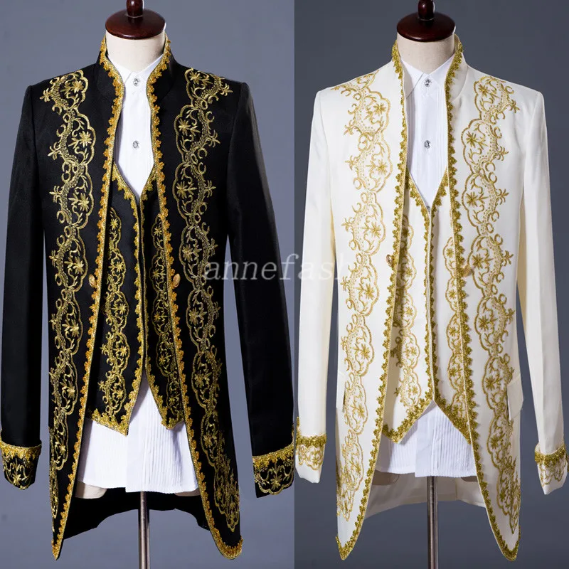 Яркая шелковая придворная одежда белый черный костюм жениха утреннее пальто