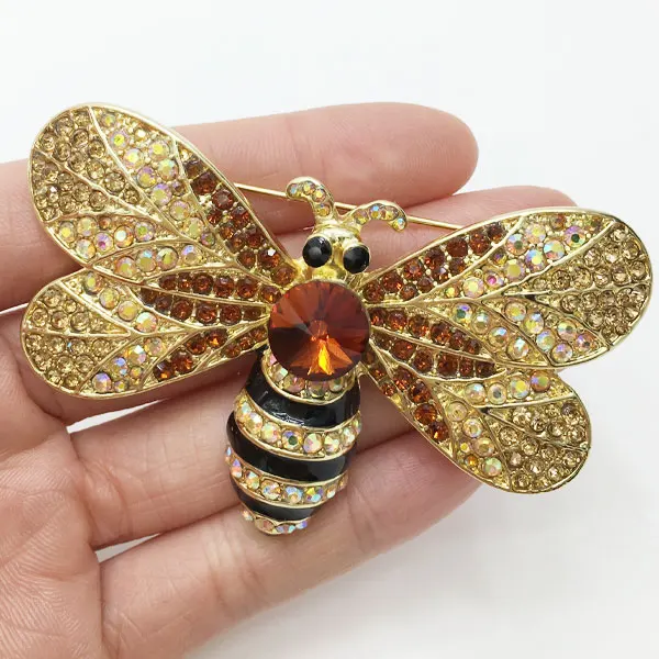 Vintage Brown Bee Insect Gold Tone Brooch Pin Rhinestone Crystal Woman | Brooches