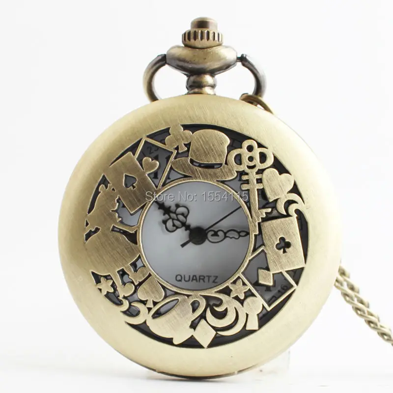 100pcs/lot Hot Sale Bronze Quartz Pocket Watch Top Quality Analog Alice in Wonderland Flip Watches Wholesale | Наручные часы