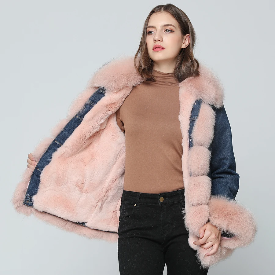 Бренд OFTBUY, джинсовая парка, шуба из натурального Лисьего меха, зимняя куртка для женщин, Воротник из натурального Лисьего меха, толстая теплая парка из меха кролика Рекс, Новинка