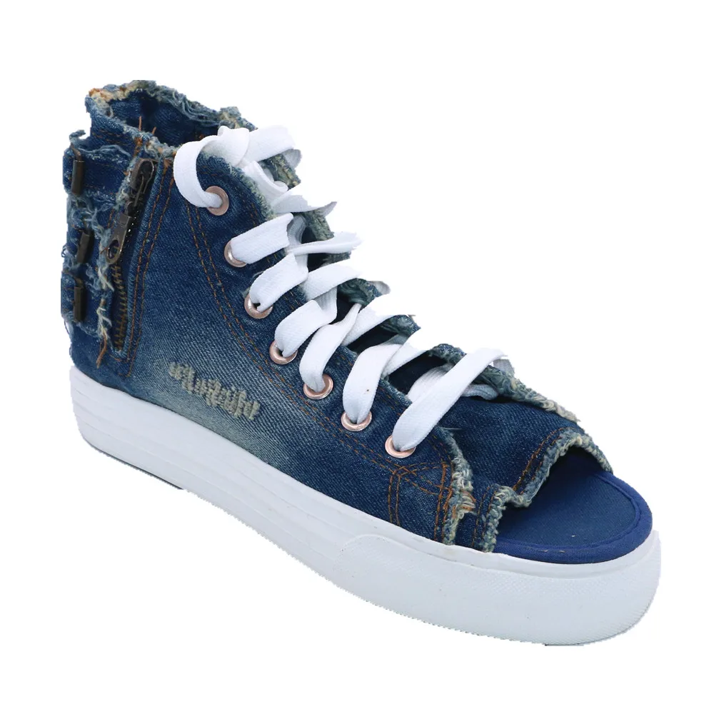 Кроссовки женские из денима на шнуровке сетчатые дышащие с круглым носком