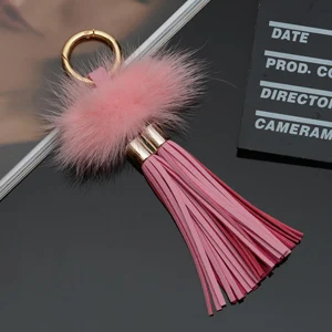 pink Новые Кожаные Кисточки с меховым мячом норки брелок с двумя кисточками для автомобиля брелок для сумки кольцо для ключей ювелирные изделия EH815 - Цвет: pink