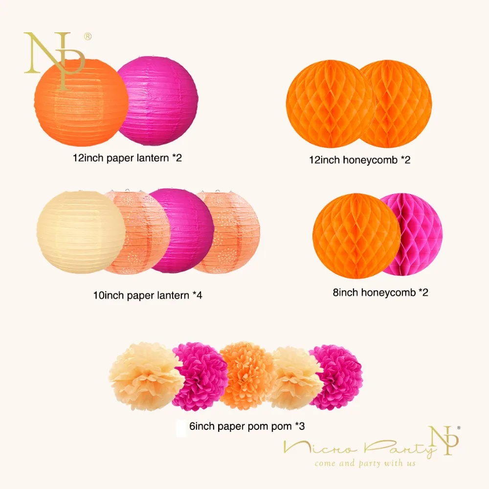 Nicro 56 шт./компл. С Днем Рождения украшения Висячие бумажные фонари Pom Poms баннер гирлянда шар оранжевый розовый# Set83