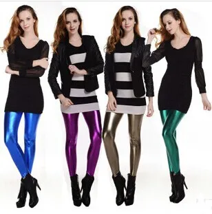 3pcs/set Fashion Sexy Shiny Metallic High Waist colorful Stretchy Leather Leggings Pants bright skin leggings free shipping | Женская