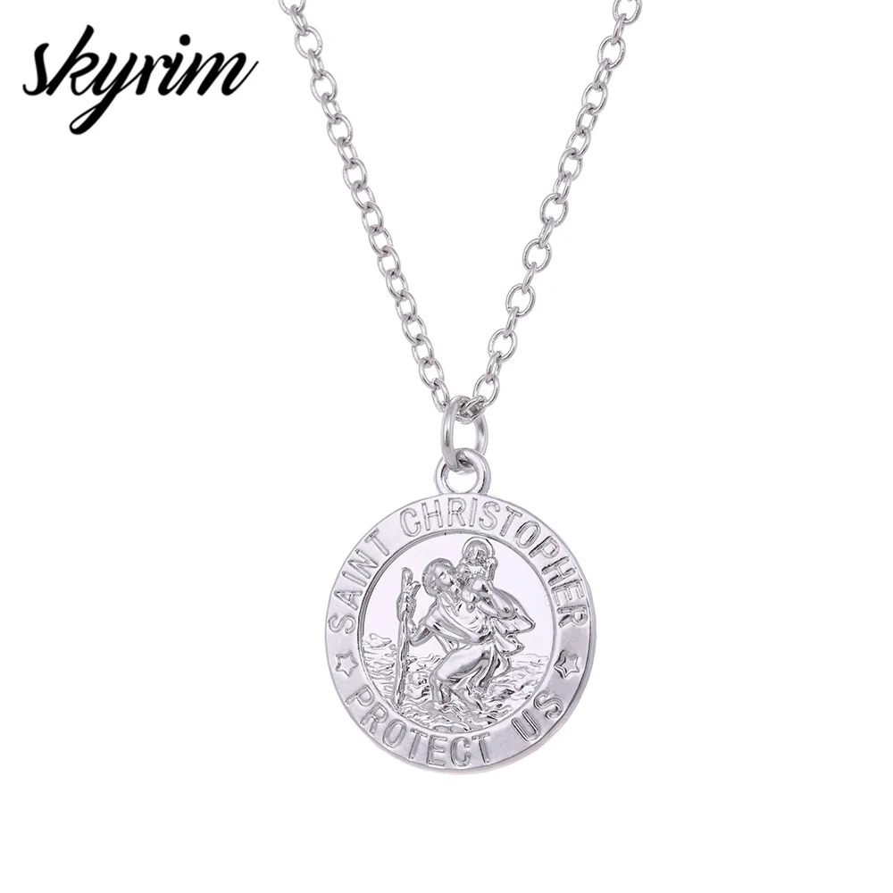 Skyrim SAINT CHRISTOPHER PROTECT US Religious Charm Amulet Pendant Necklace Statement Choker Necklace for Women 2023 Jewelry