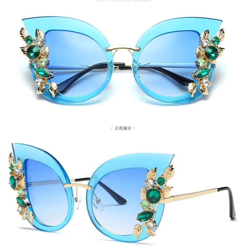 

2018 Hot Sale Fashion Women Brand Designer Oversized Cat Eye Rhinestones Sunglasses Flat Mirror Metal Frame Glasses
