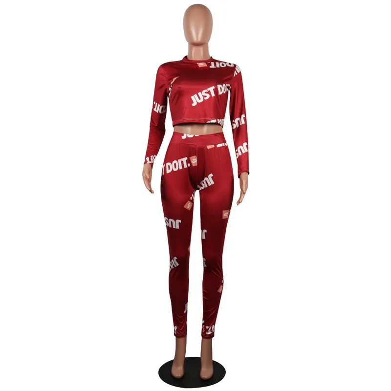 Красный Letter Printed Sexy 2 Piece Set Autumn Long Sleeve Crop Top And Skinny Full Length Pants Women Black Casual Outfits GRNSHTS - Цвет: Красный