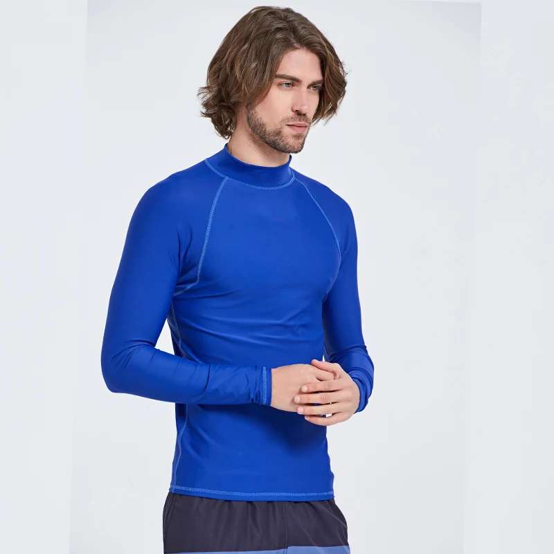 Мужская быстросохнущая Футболка для плавания UPF 50+ Rashguard с длинным рукавом, Топ для плавания, одноцветная синяя Облегающая рубашка для плавания