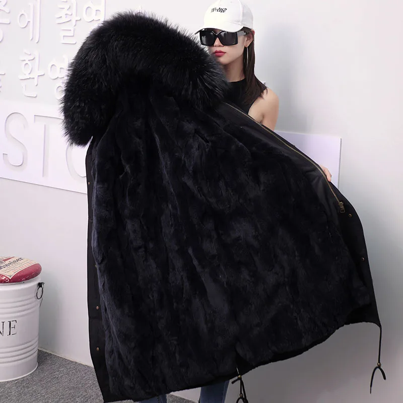 Парки Mujer X-long со съемным кроличьим мехом, зимние женские парки, пальто, новинка, большие размеры, с капюшоном, Женская однотонная Меховая куртка - Цвет: xlongblackgrey