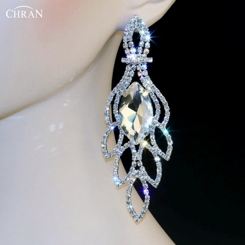 CHRAN Leaf Design Silver Plated Rhinestone Prom Jewelry Fashion Crystal Chandelier Dangle Earrings Exquisite Christmas Gifts | Украшения и